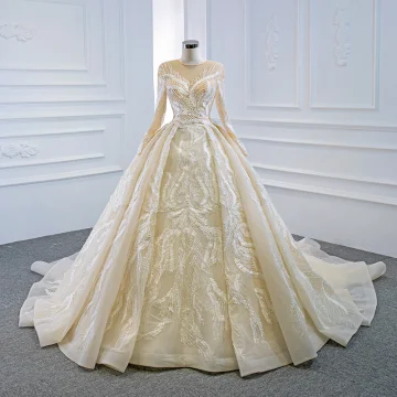 Luxury Gorgeous Champagne Bridal Wedding Dresses 2020 Ball Gown See Through Scoop Neck Long Sleeve Appliques Lace Sequins Beading Chapel Train Ruffle