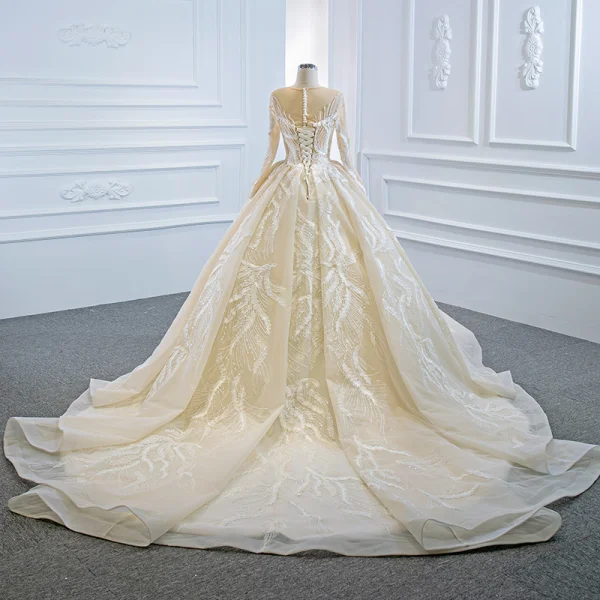 Luxury / Gorgeous Champagne Bridal Wedding Dresses 2020 Ball Gown See-through Scoop Neck Long Sleeve Appliques Lace Sequins Beading Chapel Train Ruffle