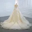 Luxury / Gorgeous Champagne Bridal Wedding Dresses 2020 Ball Gown See-through Scoop Neck Long Sleeve Appliques Lace Sequins Beading Chapel Train Ruffle