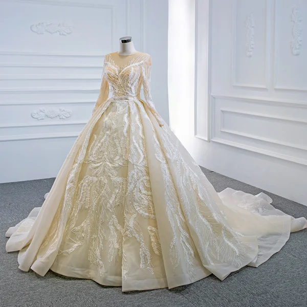 Luxury / Gorgeous Champagne Bridal Wedding Dresses 2020 Ball Gown See-through Scoop Neck Long Sleeve Appliques Lace Sequins Beading Chapel Train Ruffle