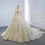 Luxury / Gorgeous Champagne Bridal Wedding Dresses 2020 Ball Gown See-through Scoop Neck Long Sleeve Appliques Lace Sequins Beading Chapel Train Ruffle