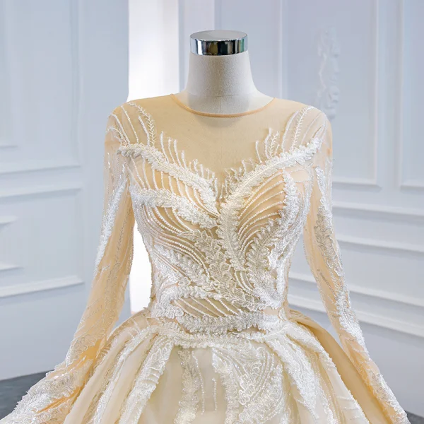 Luxury / Gorgeous Champagne Bridal Wedding Dresses 2020 Ball Gown See-through Scoop Neck Long Sleeve Appliques Lace Sequins Beading Chapel Train Ruffle