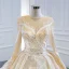 Luxury / Gorgeous Champagne Bridal Wedding Dresses 2020 Ball Gown See-through Scoop Neck Long Sleeve Appliques Lace Sequins Beading Chapel Train Ruffle