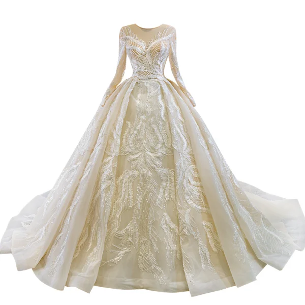 Luxury / Gorgeous Champagne Bridal Wedding Dresses 2020 Ball Gown See-through Scoop Neck Long Sleeve Appliques Lace Sequins Beading Chapel Train Ruffle