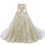 Luxury / Gorgeous Champagne Bridal Wedding Dresses 2020 Ball Gown See-through Scoop Neck Long Sleeve Appliques Lace Sequins Beading Chapel Train Ruffle