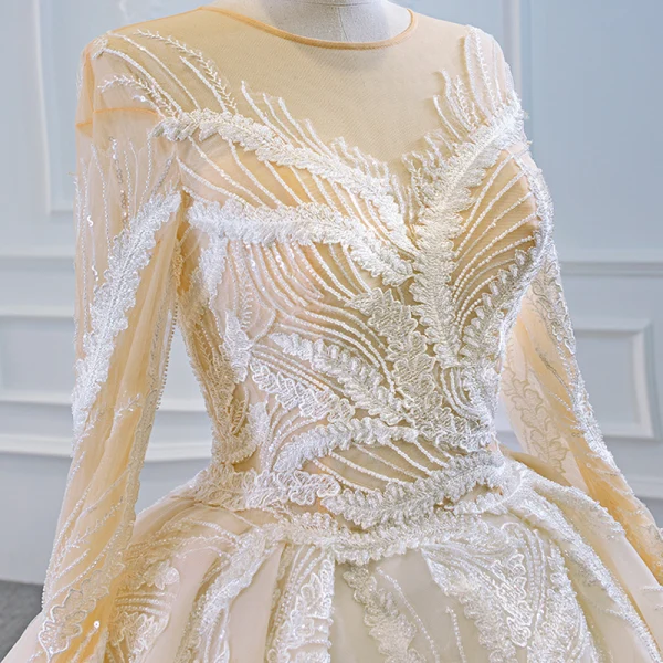 Luxury / Gorgeous Champagne Bridal Wedding Dresses 2020 Ball Gown See-through Scoop Neck Long Sleeve Appliques Lace Sequins Beading Chapel Train Ruffle