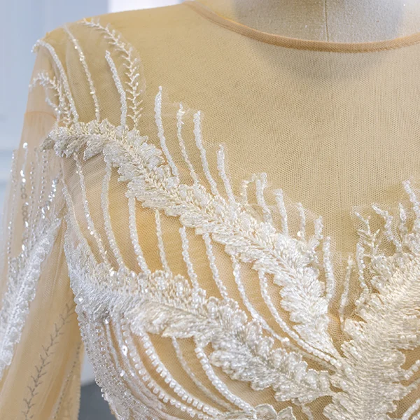 Luxury / Gorgeous Champagne Bridal Wedding Dresses 2020 Ball Gown See-through Scoop Neck Long Sleeve Appliques Lace Sequins Beading Chapel Train Ruffle