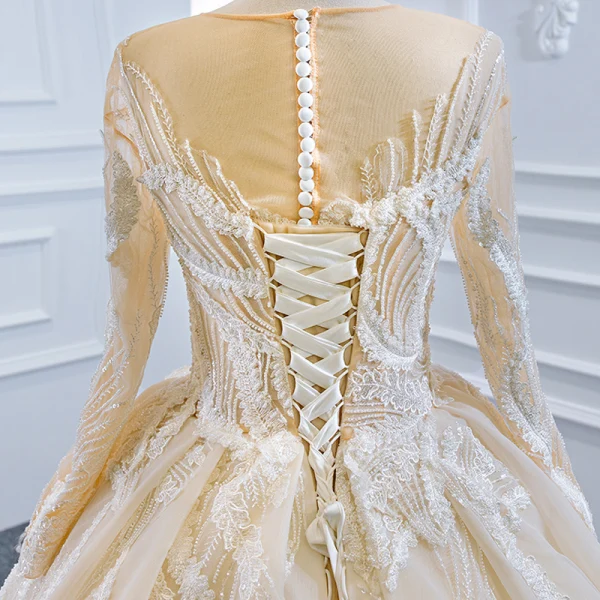 Luxury / Gorgeous Champagne Bridal Wedding Dresses 2020 Ball Gown See-through Scoop Neck Long Sleeve Appliques Lace Sequins Beading Chapel Train Ruffle