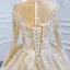 Luxury / Gorgeous Champagne Bridal Wedding Dresses 2020 Ball Gown See-through Scoop Neck Long Sleeve Appliques Lace Sequins Beading Chapel Train Ruffle