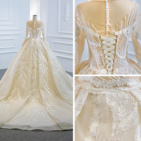 Luxury / Gorgeous Champagne Bridal Wedding Dresses 2020 Ball Gown See-through Scoop Neck Long Sleeve Appliques Lace Sequins Beading Chapel Train Ruffle