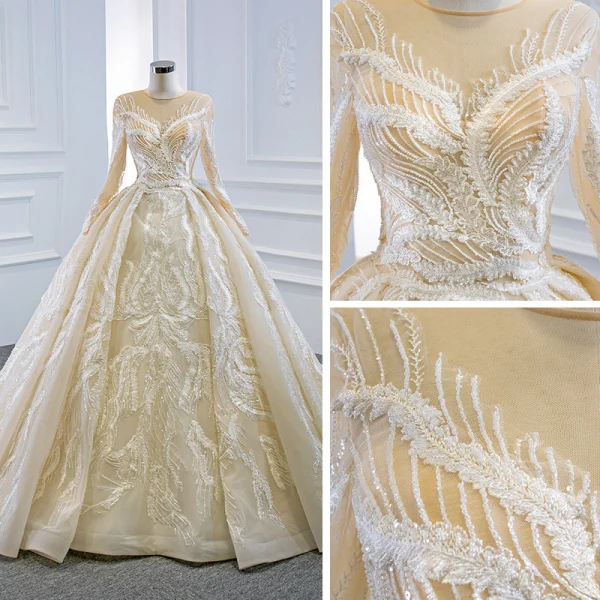 Luxury / Gorgeous Champagne Bridal Wedding Dresses 2020 Ball Gown See-through Scoop Neck Long Sleeve Appliques Lace Sequins Beading Chapel Train Ruffle