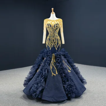 Luxury Gorgeous Navy Blue Red Carpet Evening Dresses 2020 Ball Gown See Through Scoop Neck Long Sleeve Handmade Beading Floor Length Long Backless Formal Dresses