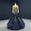 Luxury / Gorgeous Navy Blue Red Carpet Evening Dresses  2020 Ball Gown See-through Scoop Neck Long Sleeve Handmade  Beading Floor-Length / Long Backless Formal Dresses