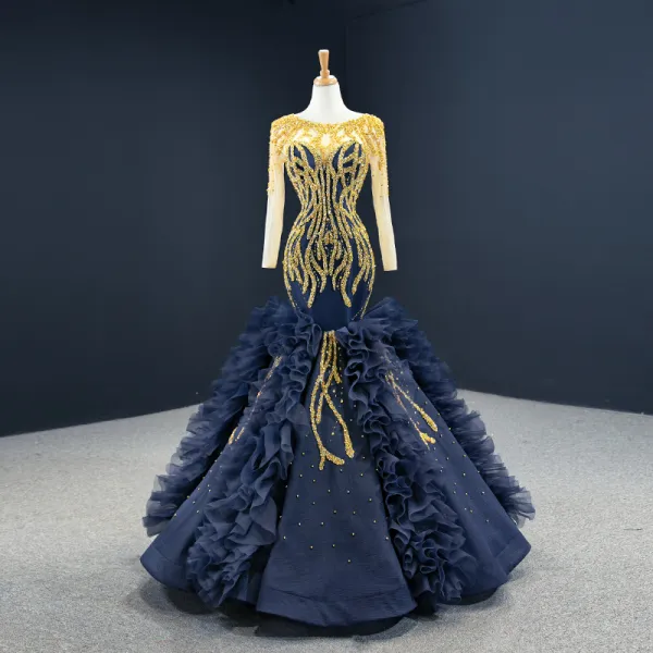 Luxury / Gorgeous Navy Blue Red Carpet Evening Dresses  2020 Ball Gown See-through Scoop Neck Long Sleeve Handmade  Beading Floor-Length / Long Backless Formal Dresses
