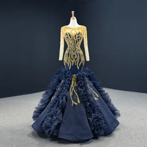 Luxus / Herrlich Marineblau Roter Teppich Abendkleider 2020 Ballkleid Durchsichtige Rundhalsausschnitt Lange Ärmel Handgefertigt Perlenstickerei Lange Rückenfreies Festliche Kleider