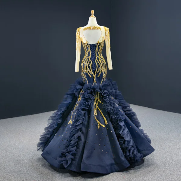 Luxury / Gorgeous Navy Blue Red Carpet Evening Dresses 2020 Ball Gown See-through Scoop Neck Long Sleeve Handmade Beading Floor-Length / Long Backless Formal Dresses
