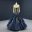 Luxury / Gorgeous Navy Blue Red Carpet Evening Dresses  2020 Ball Gown See-through Scoop Neck Long Sleeve Handmade  Beading Floor-Length / Long Backless Formal Dresses