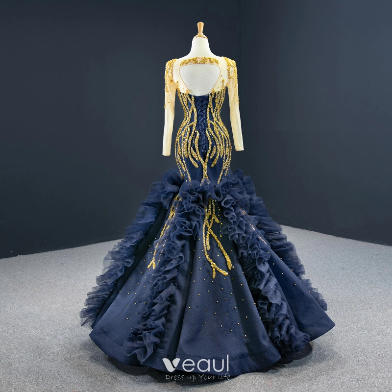Luxury Gorgeous Navy Blue Red Carpet Evening Dresses 2020 Ball Gown See through Scoop Neck Long Sleeve Handmade Beading Floor Length Long Backless Formal Dresses