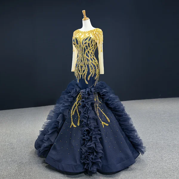 Luxury / Gorgeous Navy Blue Red Carpet Evening Dresses 2020 Ball Gown See-through Scoop Neck Long Sleeve Handmade Beading Floor-Length / Long Backless Formal Dresses