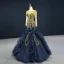 Luxury / Gorgeous Navy Blue Red Carpet Evening Dresses  2020 Ball Gown See-through Scoop Neck Long Sleeve Handmade  Beading Floor-Length / Long Backless Formal Dresses