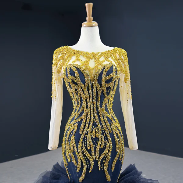 Luxury / Gorgeous Navy Blue Red Carpet Evening Dresses 2020 Ball Gown See-through Scoop Neck Long Sleeve Handmade Beading Floor-Length / Long Backless Formal Dresses