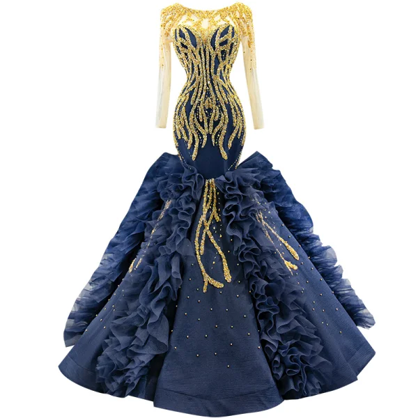 Luxury / Gorgeous Navy Blue Red Carpet Evening Dresses 2020 Ball Gown See-through Scoop Neck Long Sleeve Handmade Beading Floor-Length / Long Backless Formal Dresses