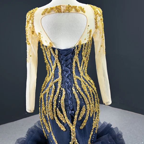 Luxury / Gorgeous Navy Blue Red Carpet Evening Dresses 2020 Ball Gown See-through Scoop Neck Long Sleeve Handmade Beading Floor-Length / Long Backless Formal Dresses