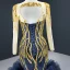 Luxury / Gorgeous Navy Blue Red Carpet Evening Dresses  2020 Ball Gown See-through Scoop Neck Long Sleeve Handmade  Beading Floor-Length / Long Backless Formal Dresses