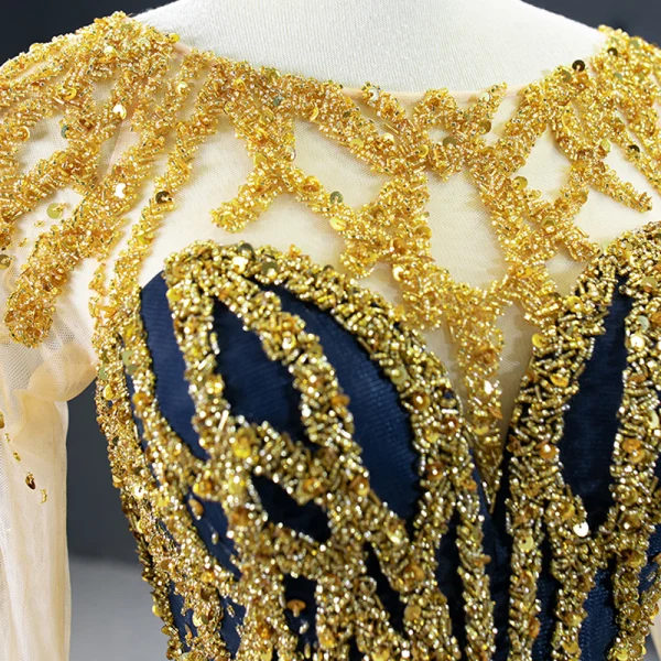 Luxury / Gorgeous Navy Blue Red Carpet Evening Dresses 2020 Ball Gown See-through Scoop Neck Long Sleeve Handmade Beading Floor-Length / Long Backless Formal Dresses
