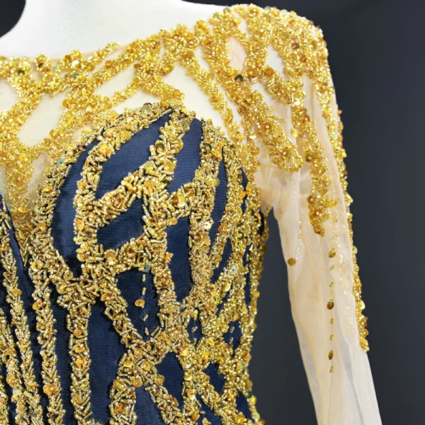 Luxury / Gorgeous Navy Blue Red Carpet Evening Dresses 2020 Ball Gown See-through Scoop Neck Long Sleeve Handmade Beading Floor-Length / Long Backless Formal Dresses