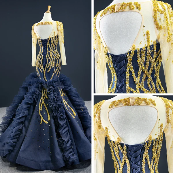 Luxury / Gorgeous Navy Blue Red Carpet Evening Dresses 2020 Ball Gown See-through Scoop Neck Long Sleeve Handmade Beading Floor-Length / Long Backless Formal Dresses