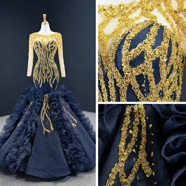 Luxury / Gorgeous Navy Blue Red Carpet Evening Dresses 2020 Ball Gown See-through Scoop Neck Long Sleeve Handmade Beading Floor-Length / Long Backless Formal Dresses