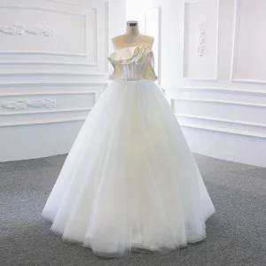 Modest Simple White Satin Bridal Wedding Dresses 2020 Ball Gown Strapless Sleeveless Backless Floor Length Long Ruffle