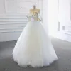 Modest / Simple White Satin Bridal Wedding Dresses 2020 Ball Gown Strapless Sleeveless Backless Floor-Length / Long Ruffle