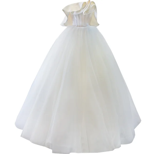 Modest / Simple White Satin Bridal Wedding Dresses 2020 Ball Gown Strapless Sleeveless Backless Floor-Length / Long Ruffle