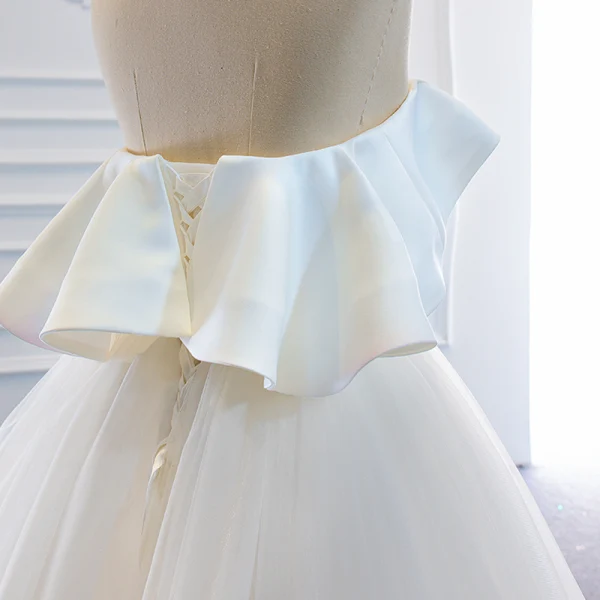 Modest / Simple White Satin Bridal Wedding Dresses 2020 Ball Gown Strapless Sleeveless Backless Floor-Length / Long Ruffle
