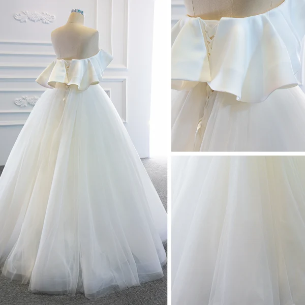Modest / Simple White Satin Bridal Wedding Dresses 2020 Ball Gown Strapless Sleeveless Backless Floor-Length / Long Ruffle