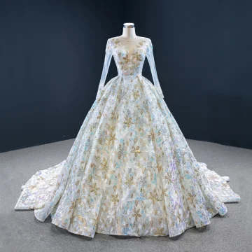 Amazing Unique Multi Colors Bridal Wedding Dresses 2020 Ball Gown See Through Scoop Neck Long Sleeve Beading Sequins Chapel Train Ruffle