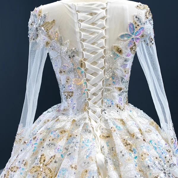 Amazing / Unique Multi-Colors Bridal Wedding Dresses 2020 Ball Gown See-through Scoop Neck Long Sleeve Beading Sequins Chapel Train Ruffle