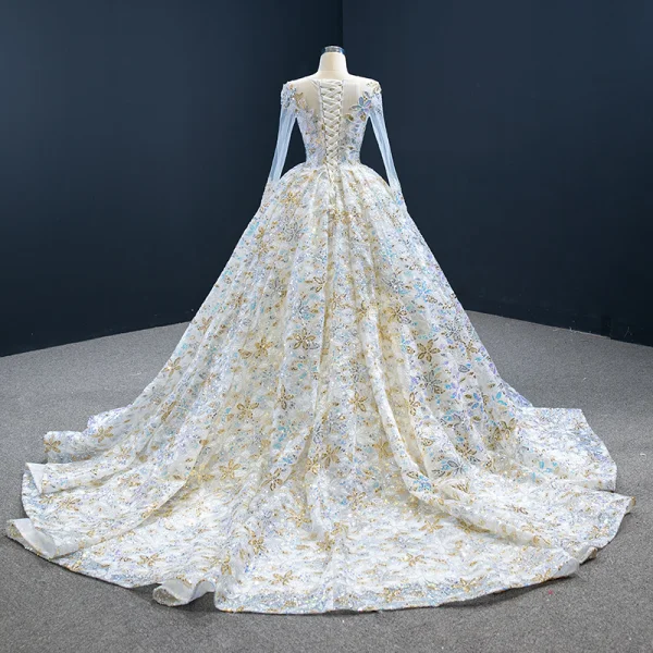 Amazing / Unique Multi-Colors Bridal Wedding Dresses 2020 Ball Gown See-through Scoop Neck Long Sleeve Beading Sequins Chapel Train Ruffle