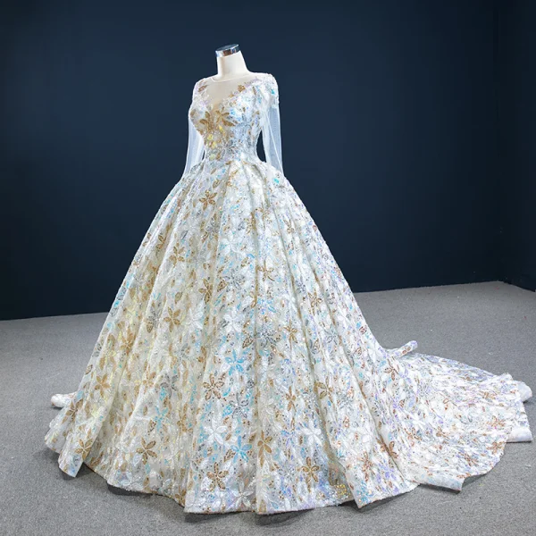 Amazing / Unique Multi-Colors Bridal Wedding Dresses 2020 Ball Gown See-through Scoop Neck Long Sleeve Beading Sequins Chapel Train Ruffle