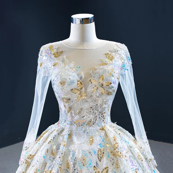 Amazing / Unique Multi-Colors Bridal Wedding Dresses 2020 Ball Gown See-through Scoop Neck Long Sleeve Beading Sequins Chapel Train Ruffle