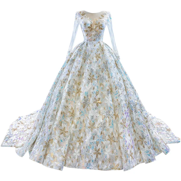 Amazing / Unique Multi-Colors Bridal Wedding Dresses 2020 Ball Gown See-through Scoop Neck Long Sleeve Beading Sequins Chapel Train Ruffle