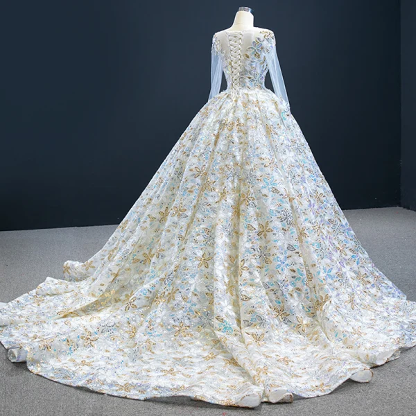Amazing / Unique Multi-Colors Bridal Wedding Dresses 2020 Ball Gown See-through Scoop Neck Long Sleeve Beading Sequins Chapel Train Ruffle