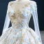 Amazing / Unique Multi-Colors Bridal Wedding Dresses 2020 Ball Gown See-through Scoop Neck Long Sleeve Beading Sequins Chapel Train Ruffle