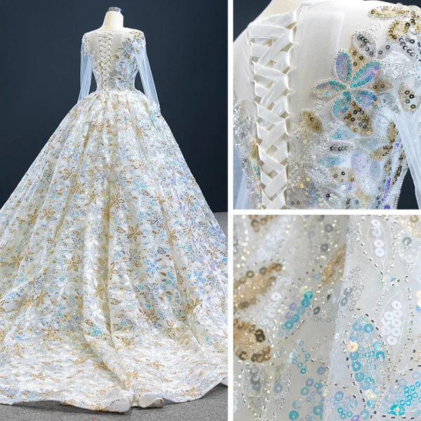 Amazing / Unique Multi-Colors Bridal Wedding Dresses 2020 Ball Gown See-through Scoop Neck Long Sleeve Beading Sequins Chapel Train Ruffle