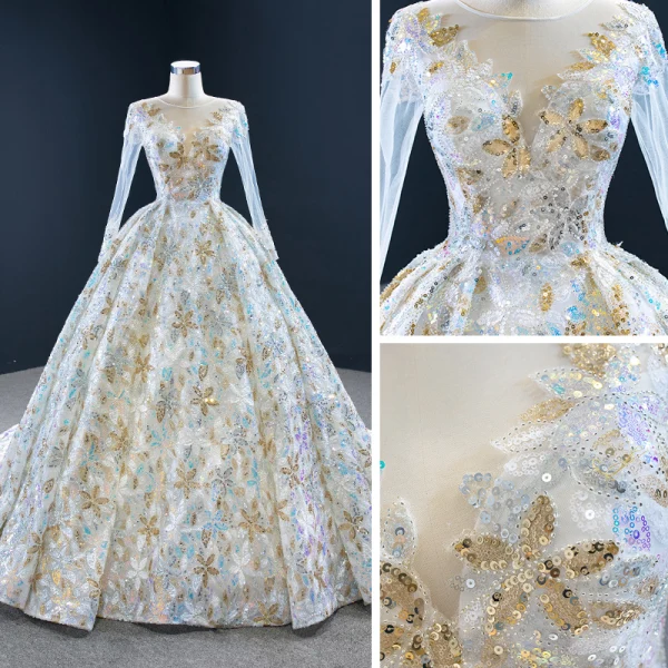 Amazing / Unique Multi-Colors Bridal Wedding Dresses 2020 Ball Gown See-through Scoop Neck Long Sleeve Beading Sequins Chapel Train Ruffle