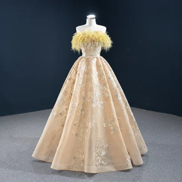 Haut De Gamme Champagne Robe De Soirée 2020 Princesse Bustier Sans Manches Plumes Appliques En Dentelle Paillettes Longue Dos Nu Robe De Ceremonie