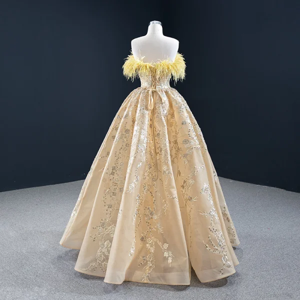 High-end Champagne Evening Dresses  2020 A-Line / Princess Strapless Sleeveless Feather Appliques Lace Sequins Floor-Length / Long Backless Formal Dresses
