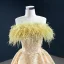 High-end Champagne Evening Dresses  2020 A-Line / Princess Strapless Sleeveless Feather Appliques Lace Sequins Floor-Length / Long Backless Formal Dresses